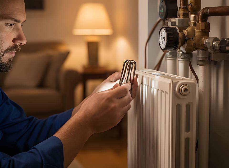 Techniker überprüft Heizkörper und Ventile in einem warm beleuchteten Wohnzimmer