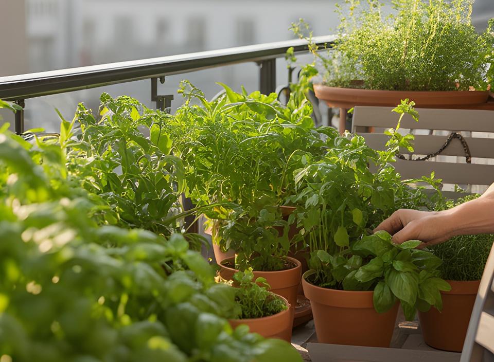Urbaner Balkon mit Kräutern, Pflanzgefässen und einer pflegenden Hand am Morgen